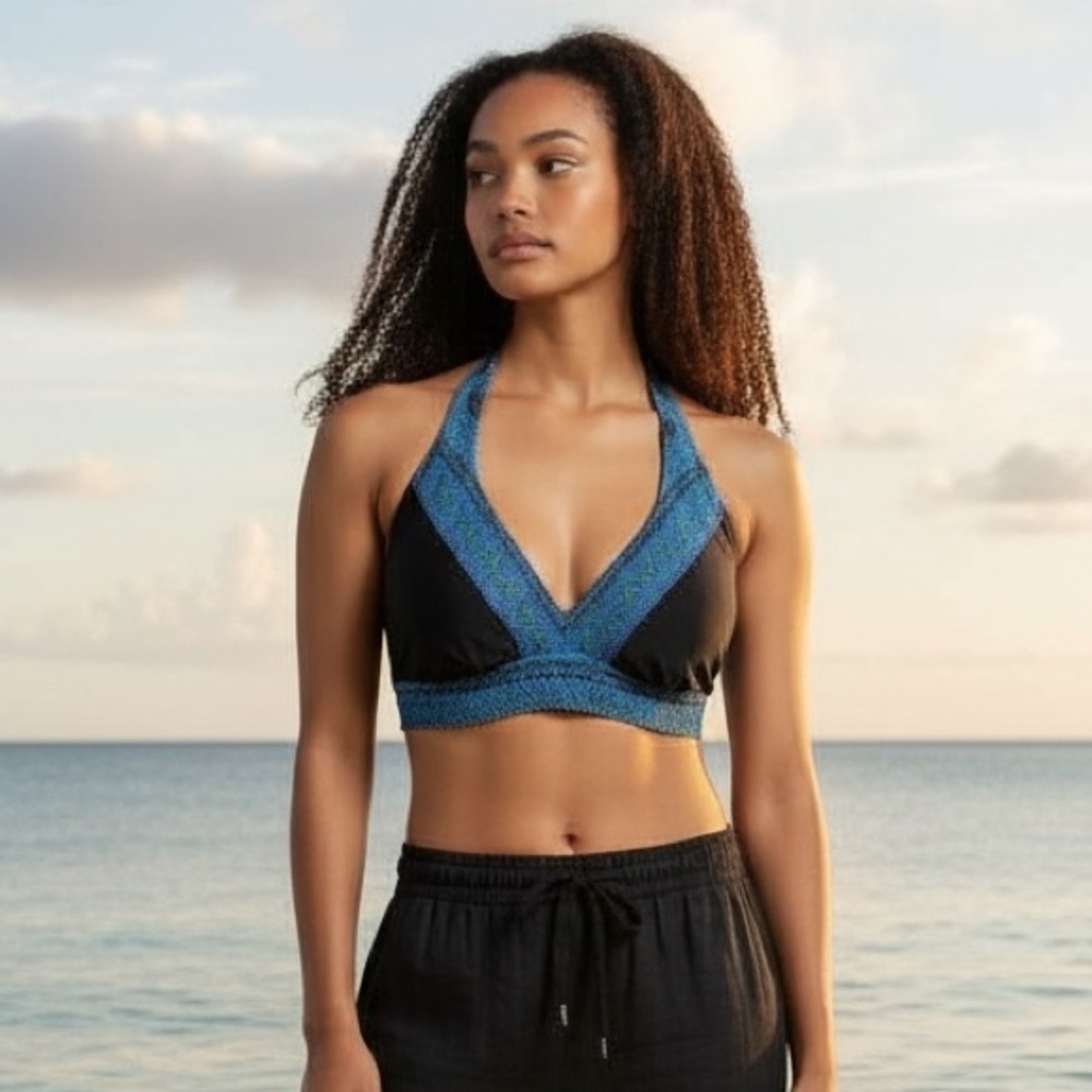 Athleta Womens Bikini Top Sz 32D 32DD Black Blue Boho Halter Underwire Swimsuit